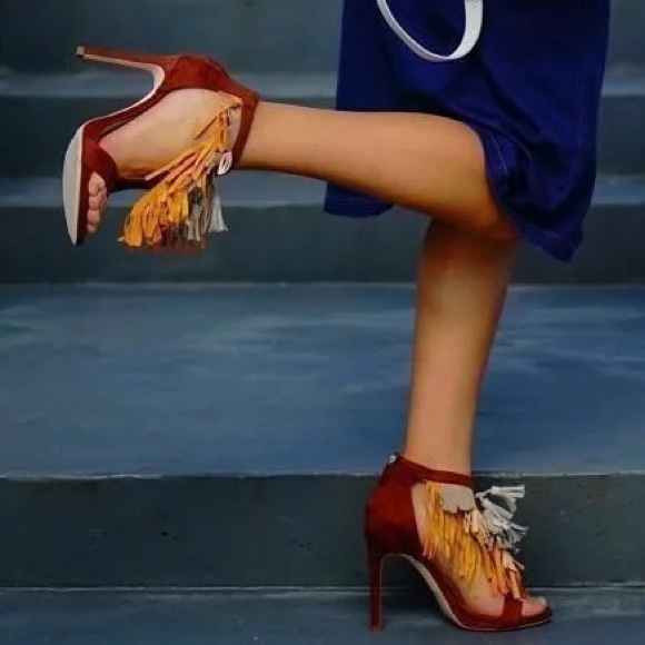 ZARA Tan Brown Suede Fringed Heels - Picture 7 of 15